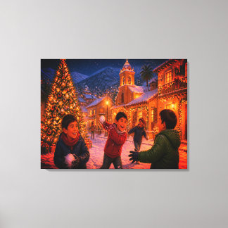 Lienzo Niños lanzando bolas de nieve en Nochebuena