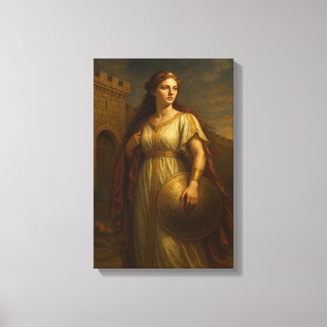 Lienzo Noblewoman antigua con escudo cerca de las muralla (Anverso)