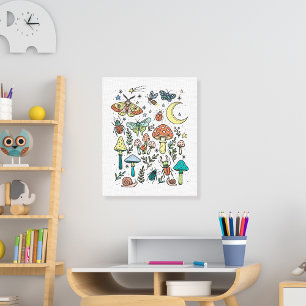 Lienzo Noche de Hongos y Bichos Bosque Habitación de Niño