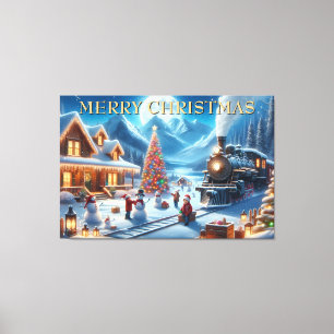 Lienzo Noche de invierno nevada con tren de Navidad y muñ