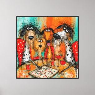 Lienzo Noche de juego de perros juguetones con vino