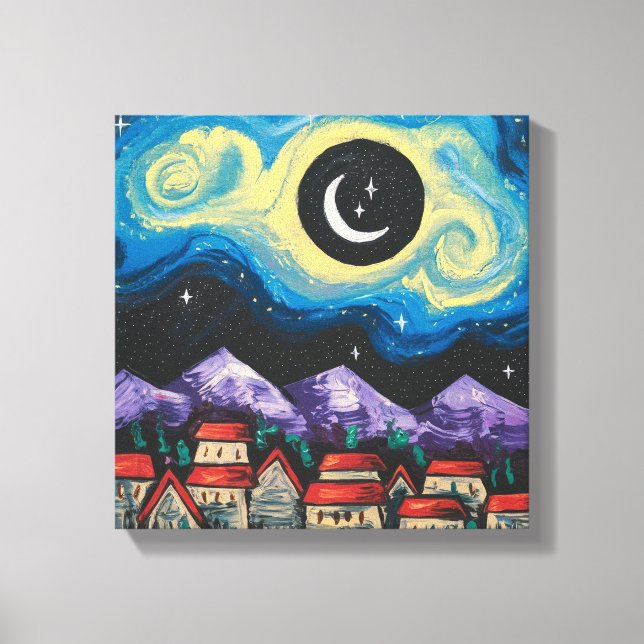 Lienzo Noche estrellada Crescent Moon Village Art Print (Anverso)