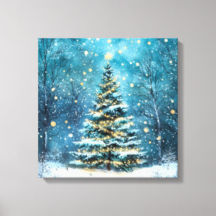 Lienzo Noche Silenciosa Árbol de Navidad Brillante Bosque