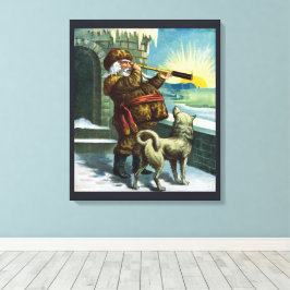 Lienzo Nochebuena vintage Santa Claus Telescope Dog Sunse