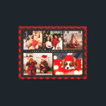 Lienzo Nombre familiar 5 Collage de fotos Red Plaid Moder<br><div class="desc">La imagen de lienzo moderno de color rojo Collage de fotos Nombre de familia 5 incluye un collage de fotos de cinco de tus fotos favoritas con tu nombre de familia personalizado en un elegante guión en blanco sobre un fondo de manto rojo. Personalice editando el texto en los cuadros...</div>