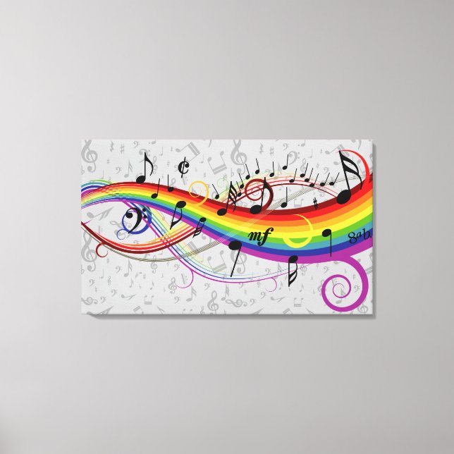 Lienzo Notas musicales del arcoiris negro sobre gris (Anverso)