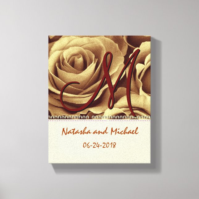 Lienzo Novia monograma y novio con Rosas de oro (Anverso)