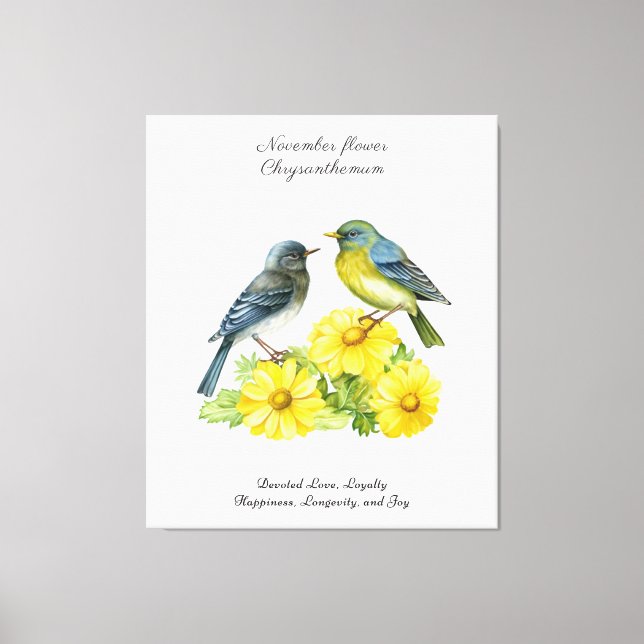 Lienzo Noviembre Mes de Nacimiento Flor Crisantemo Aves (Anverso)