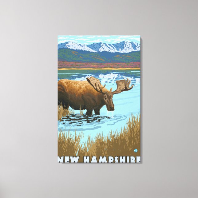 Lienzo Nueva HampshireMoose Bebiendo en el lago (Anverso)