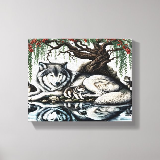 Lienzo Oasis familiar de Lobo Serene en Naturaleza Idílic (Anverso)