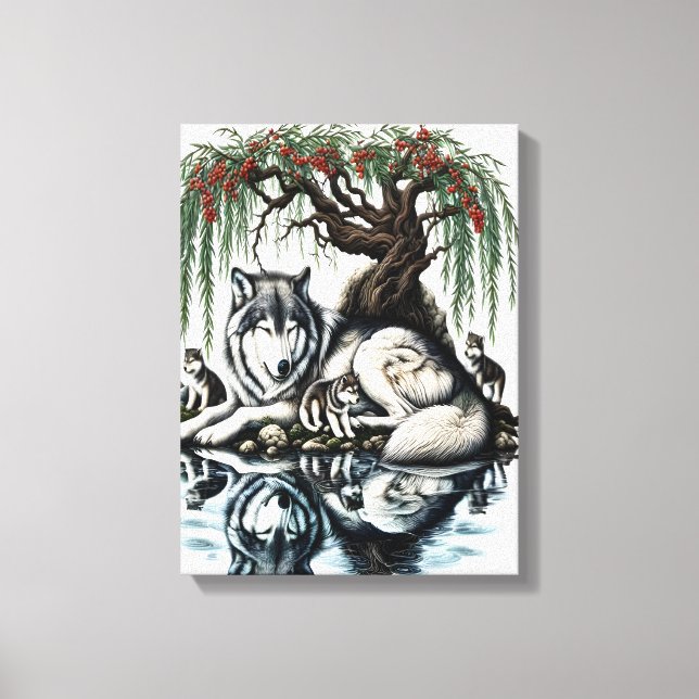 Lienzo Oasis familiar de Lobo Serene en Naturaleza Idílic (Anverso)