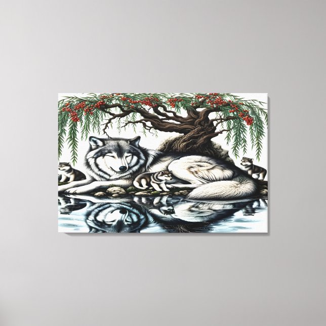 Lienzo Oasis familiar de Lobo Sereno en naturaleza ídílic (Anverso)