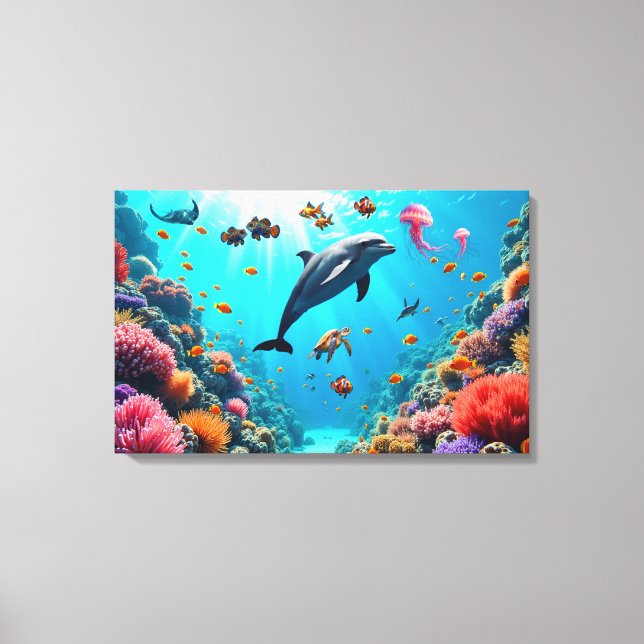 Lienzo Ocean Life with Dolphin and Coral Reef (Anverso)
