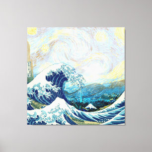 LIENZO OLA DE KANAGAWA EN FONDO DE NOCHE ESTRELLADA