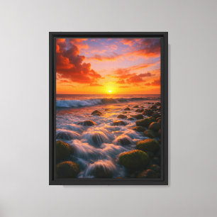 Lienzo Olas de atardecer sobre la costa rocosa