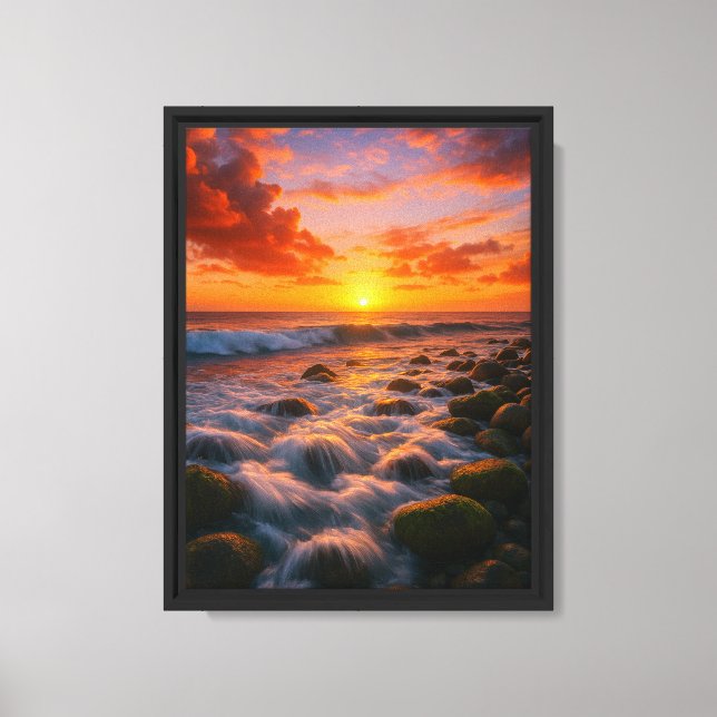 Lienzo Olas de atardecer sobre la costa rocosa (Anverso)