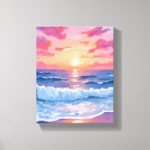 Lienzo Olas de Océano Rosadas Puesta de Sol Acuarela