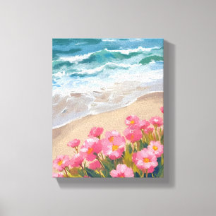Lienzo Olas de Playa Pintura Floral Rosa Acuarela