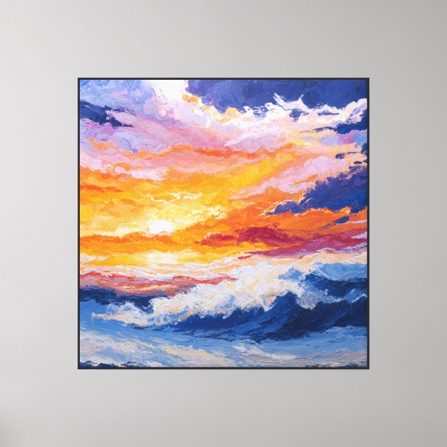 Lienzo Olas del Océano al Atardecer con Cielo Ardiente Ar (Anverso)