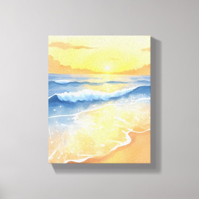Lienzo Olas del Océano Atardecer | Acuarela de Playa (Anverso)