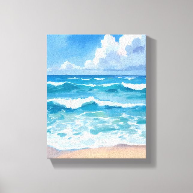 Lienzo Olas del Océano Azul | Acuarela de Mar de Playa  (Anverso)
