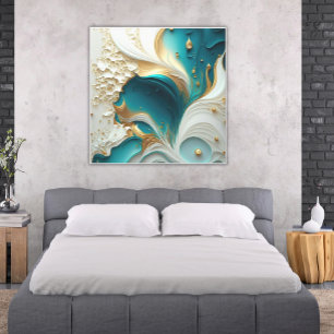 Lienzo Olas opulentas abstractas de marfil, oro y Verde a