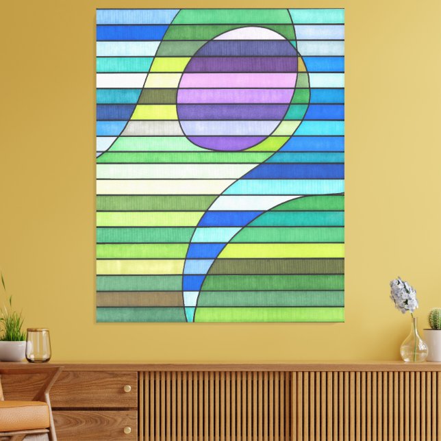 Lienzo Olas Verdes Abstractas Rayadas y Círculo Púrpura (Insitu (Sala de estar))