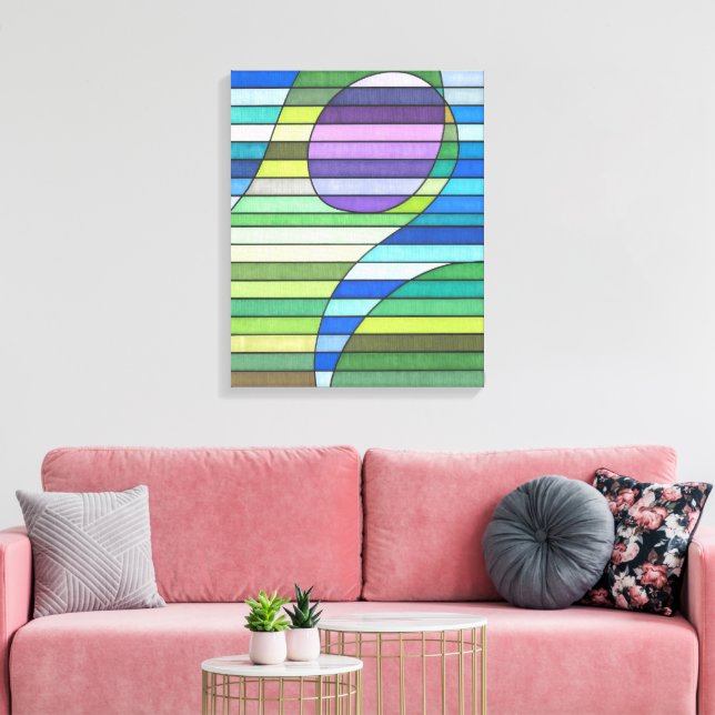 Lienzo Olas Verdes Abstractas Rayadas y Círculo Púrpura (Insitu (Sala de estar))