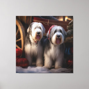 Lienzo Old English Sheepdog Nevado Trineo Navidad Decorac