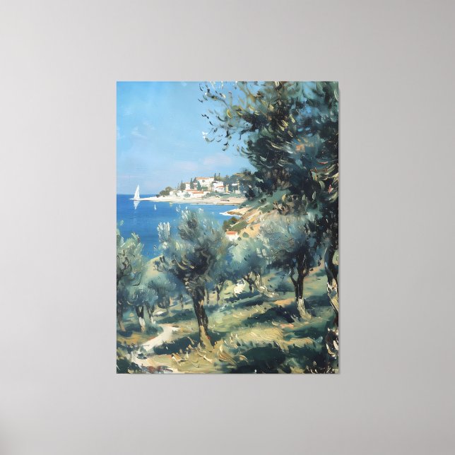 Lienzo Olivar con pueblo costero y mar (Anverso)