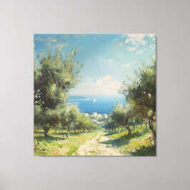Lienzo Olive Grove with Coastal Village and Sea