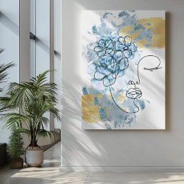 Lienzo Online line face art Blue water pain flowers oro
