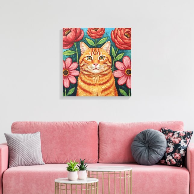 Lienzo Orange Cat Folk Art Flowers (Insitu (Sala de estar))