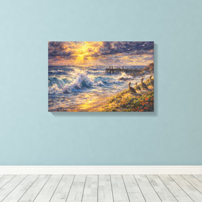 Lienzo Orillas Celestiales: Un Atardecer Impasto Costero (Insitu (piso de madera))