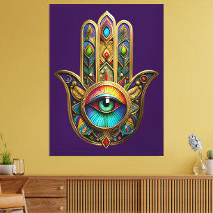Lienzo Ornate Color Dorado Hamsa Verde sobre Rojo Tercer 