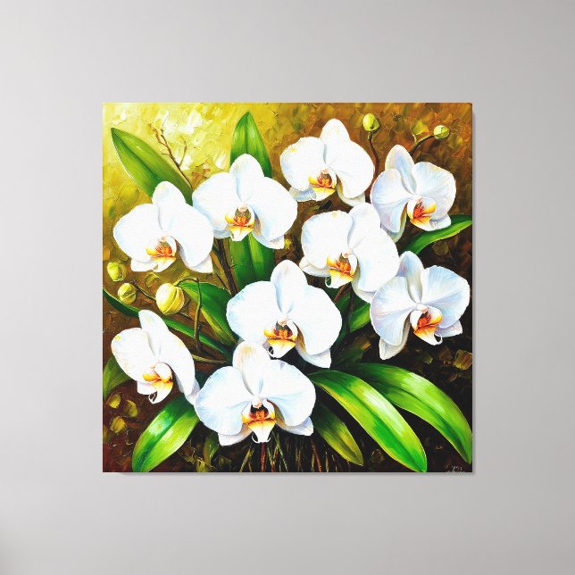Lienzo Orquídeas blancas con hojas verdes (Anverso)