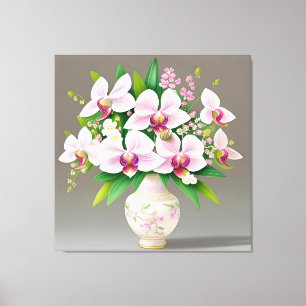 Lienzo Orquídeas rosadas y blancas en un jarrón ornamenta