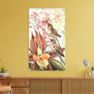 Lienzo Orquídeas Tropicales Vintage, Flores y Colibríes