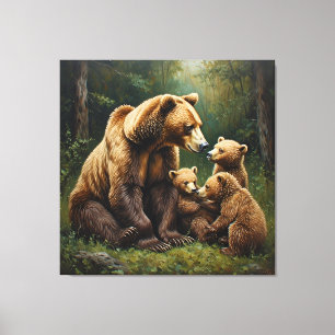 Lienzo Osa madre con oseznos en un entorno forestal