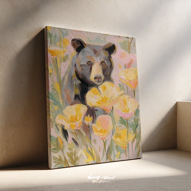 Lienzo Oso de California con amapolas y flores silvestres (california bear, poppy art print, state flower art, wildflower decor, california art, botanical wall)