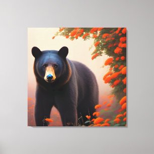 Lienzo Oso negro en flores Naranjas
