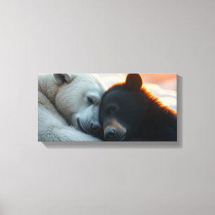 Lienzo oso polar y negro durmiendo abrazados