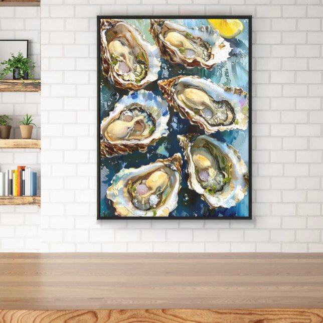 Lienzo Ostras Restaurantes de cocina costera y comida (Oysters on the half shell bright kitchen restaurant watercolor art for foodies)