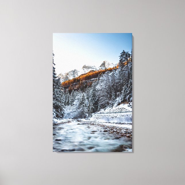 Lienzo Otoño y río de invierno, bosque y montañas (Anverso)