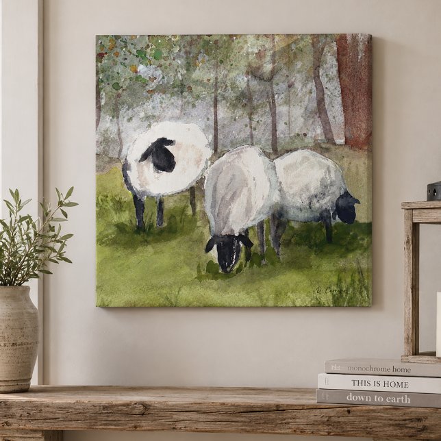Lienzo Ovejas pastando a la acuarela (Sheep Canvas Wall Art)