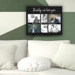 Lienzo Padre negro con fotos de niños y papá de familia<br><div class="desc">Padre negro con Collage de fotos de niños y familia de papá impreso. Collage de 6 fotos, nombre del padre con un dulce mensaje en un guión moderno y nombres de niños que superponen las fotos. Añade tus 6 fotos familiares favoritas. Boca dulce y un regalo para el cumpleaños, el...</div>