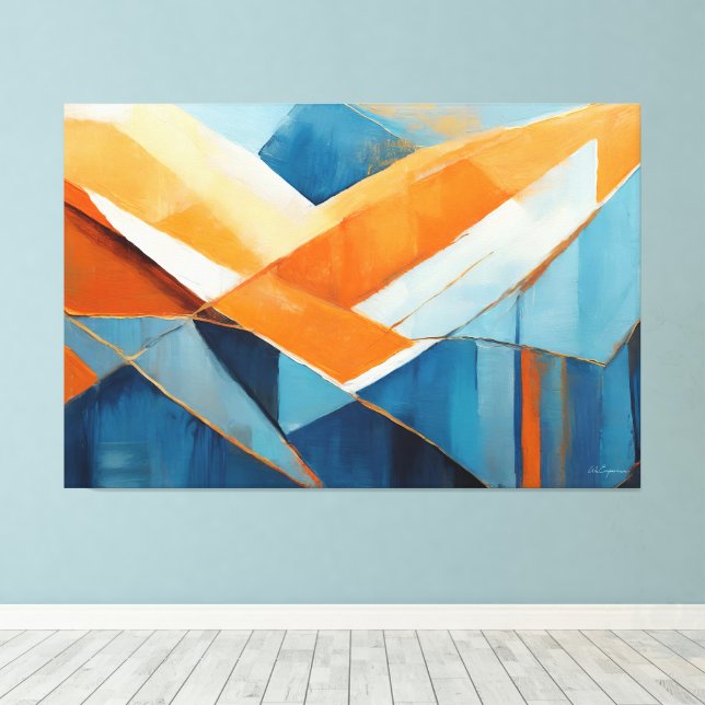 Lienzo Painted abstract art in Blue orange  (Insitu (piso de madera))