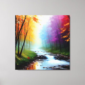 Lienzo Painting in the forest with a river.