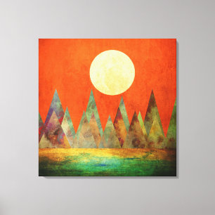 Lienzo Paisaje abstracto luna llena montañas cielo naranj