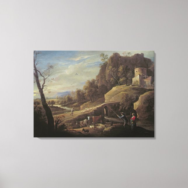 Lienzo Paisaje con agricultores cuidando sus animales (Anverso)